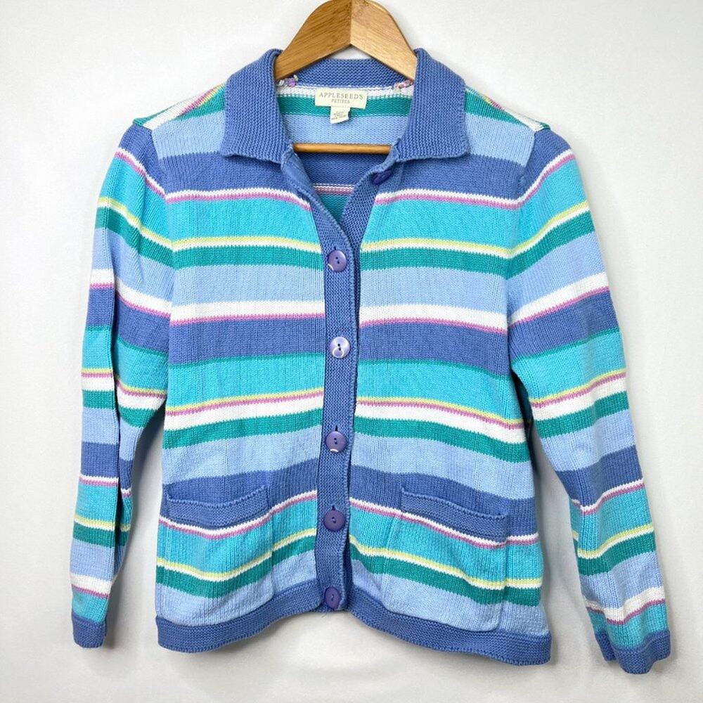 Appleseed's Petites Pastel Stripe Button Front Cardigan Sweater PM